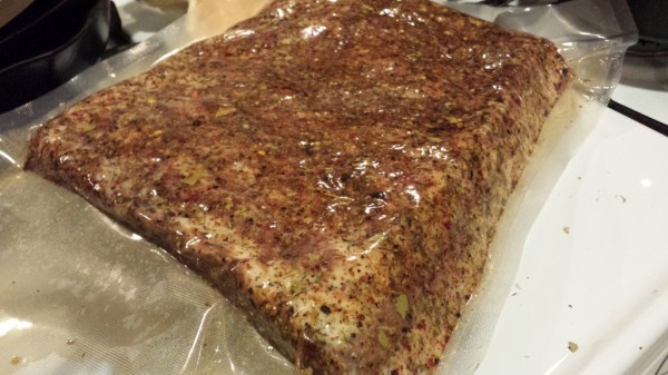 Spices and cure, measured and vac sealed in a bag headed for the fridge.