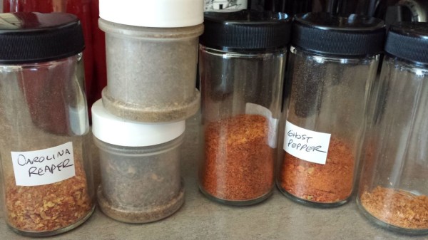 An assortment of hot pepper powders from the pantry.